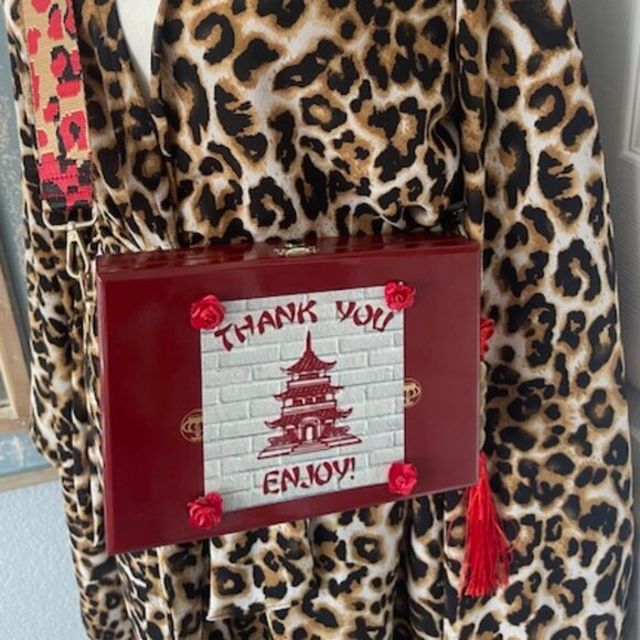 Chinese Take-Out - Red Cigar Box Purse w/Boho Adjustable Animal Print CrossBody - Picture 2 of 9